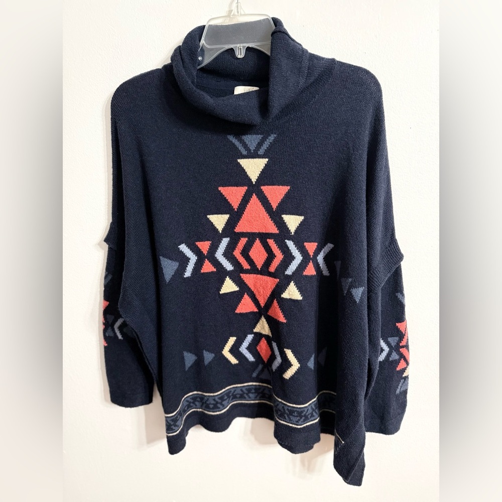 J. Jill Intarsia Funnel Neck Indigo Blue‎ Southwest Aztec Sweater Sz M